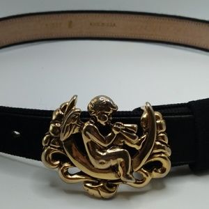 Vintage Angel Buckle & Black Suede Belt Made in USA